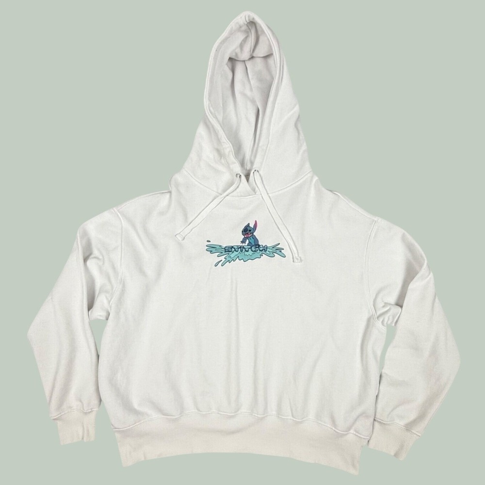 Disney Lilo & Stitch White Surfing Graphic Pullover Hoodie Unisex Large
